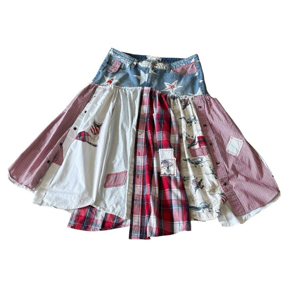 Handmade Patchwork Midi Skirt L Jean Plaid Embroidery Upcycle Western Patriotic
